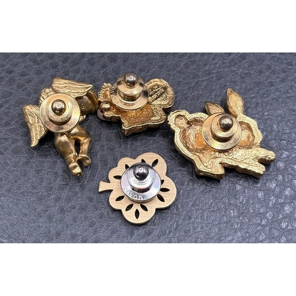 Vintage Lot Of 4 Rhinestone Lapel Pin Lot Cherub Squirrel Rabbit Bird Gold Tone